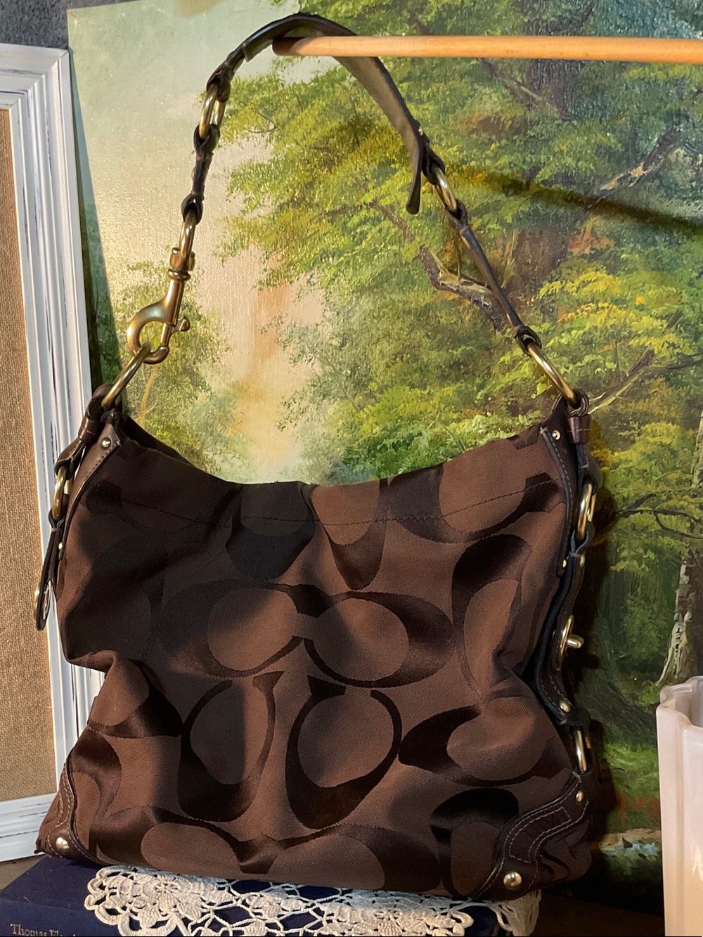 Coach Brown Logo Shoulder Bag with Gold-Tone Hardware